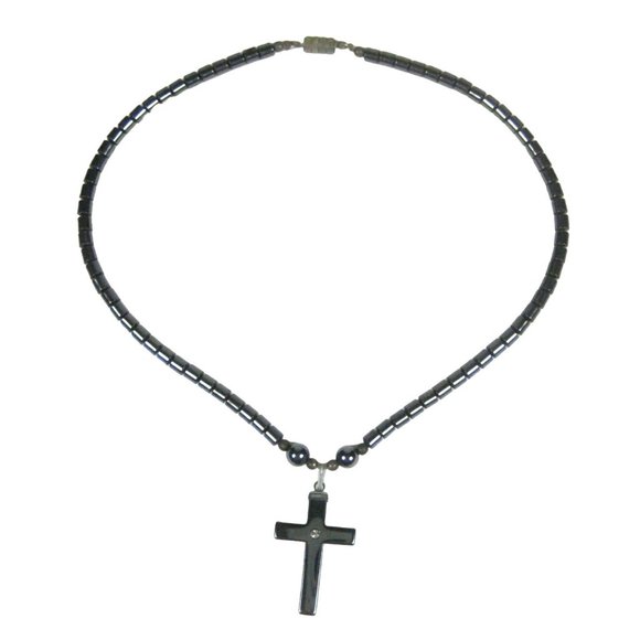 Unbranded Jewelry - Hematite Stone Cross Pendant Beaded Necklace 16 in Vintage Strand Choker Collar